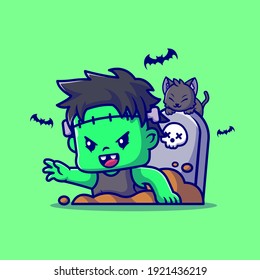 Cute a Zombie Frankenstein de la grave Ilustración del icono del vector de dibujos animados. Vector Premium aislado de iconos de Halloween. Estilo de dibujo plano