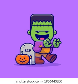 Ilustración del icono del vector de dibujos animados Zombie Frankenstein. Vector Premium Aislado De Icono De Festividad. Estilo de dibujo plano