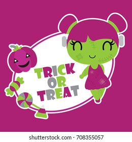 Cute zombie girl with trick and treat text vector cartoon illustration for halloween card design, wallpaper and kid t-shirt design