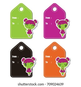 Cute zombie girls on colorful frame vector cartoon illustration for halloween gift tag design, label tag and sticker set design