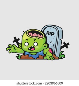 Cute zombie from the grave cartoon illustration halloween concept isolated