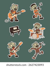 Cute Zombie Music Sticker Pack – fun undead with instruments! Perfect for chat apps, Halloween themes, or printed stickers. Spooky, musical, and adorable!