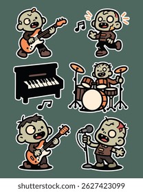Cute Zombie Music Sticker Pack – fun undead with instruments! Perfect for chat apps, Halloween themes, or printed stickers. Spooky, musical, and adorable!