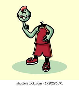 Cute Zombie Playing Basket Cartoon Chracter Design. With A Zombie Play Basket Use Head For Ball. Recomended For Helloween Mascot, Bascet Cartoon, And Other.