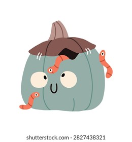 Cute zombie pumpkin with worms crawling through it, whimsical Scandinavian minimalist Halloween character illustration