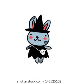 Cute zombie rabbit with blue fur and stitches on its body wearing a witch outfit and carrying a skull bag