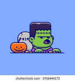 Cute Zombie Rise From The Grave Cartoon Vector Icon Illustration. Hallween Icon Concept Isolated Premium Vector. Flat Cartoon Style