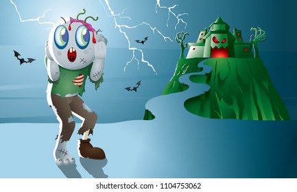 A cute zombie with spooky background.