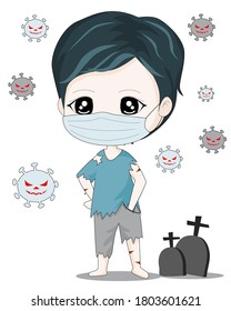 cute zombie wearing face mask with virus background, halloween vector illustration