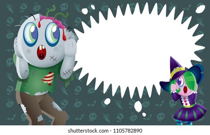 A cute zombie and witch with spooky background.