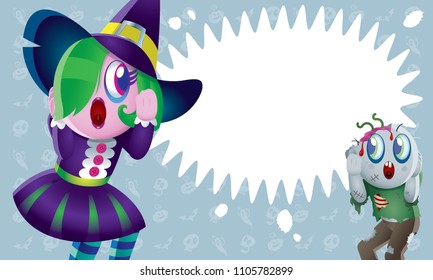 A cute zombie and witch with spooky background.