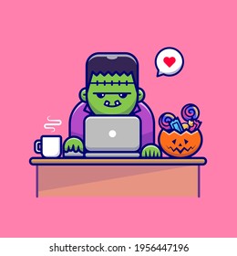 Cute Zombie Working On Laptop With Candy And Coffee Cartoon Vector Icon Illustration. Halloween Icon Concept Isolated Premium Vector. Flat Cartoon Style