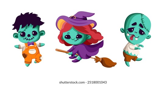 Cute zombies and witch characters flat color vector icon set