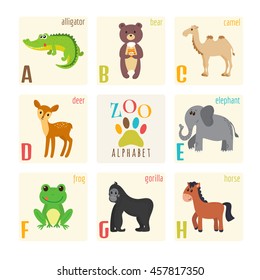 Cute zoo alphabet with animals in cartoon style. Alligator, bear, camel, deer, elephant, frog, gorilla, horse. Vector illustration