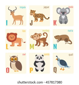 Cute zoo alphabet with animals in cartoon style. Impala, jaguar, koala, lion, monkey, nutria, owl, panda, quail. Vector illustration