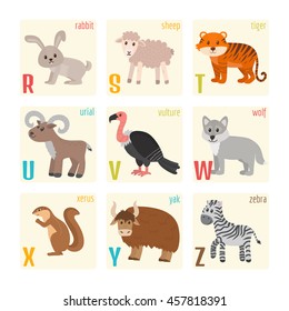 Cute zoo alphabet with animals in cartoon style. Rabbit, sheep, tiger, urial, vulture, wolf, xerus, yak, zebra. Vector illustration