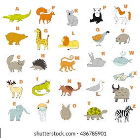 Cute zoo alphabet with cartoon animals. Vector. Childish alphabet.  Isolated on white background. 