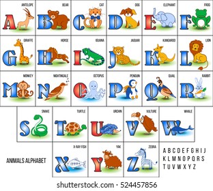 Cute Zoo alphabet with cartoon animals from A to Z vector illustration isolated on background, Education for children, preschool, ABC poster for learn to read, character design funny cat, antelope etc