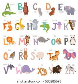 Cute zoo alphabet with cartoon animals isolated on white background and grunge letters wildlife learn typography cute language vector illustration.