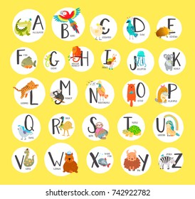Cute zoo alphabet with cartoon baby animals isolated on white background. Turtle, koala, crocodile, bear, fish, birds. Vector illustration.
