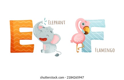 Cute zoo alphabet. E,F letters and elephant, flamingo animals cartoon vector illustration