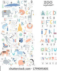 Cute zoo alphabet with funny animals in vector . Letters. Learn to read. Isolated.