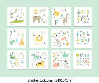 Cute zoo alphabet with funny animals in vector . Letters. Learn to read. Isolated.