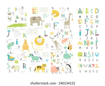 Cute Zoo Alphabet With Funny Animals In Vector . Letters. Learn To Read. Isolated.