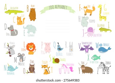 Cute zoo alphabet with funny animals in vector  Learn to read. All letters. Isolated characters