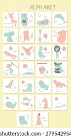 Cute zoo alphabet with funny animals in vector . Letters.  Isolated illustration of cute animals. Learn English
