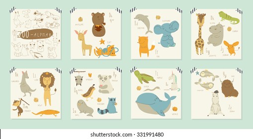 Cute zoo alphabet with funny animals in vector . Letters. Learn to read. Isolated.