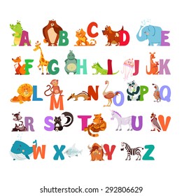 Cute zoo alphabet with funny cartoon characters. Vector illustration