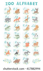 Cute zoo alphabet. Funny cartoon animals. Letters. Learn to read and write. Vector Illustration. Isolated.