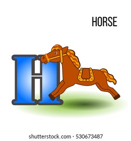 Cute Zoo alphabet H with cartoon horse, domestic kid animal vector illustration isolated on background, Education for children, preschool, ABC poster for learn to read, character design, mascot