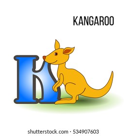 Cute Zoo alphabet K with cartoon kangaroo, wild kid animal vector illustration cat isolated on background, Education for children, preschool, ABC poster for learn to read, character design, mascot