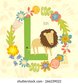 Cute Zoo alphabet, Lion with letter L and floral wreath in vector. 