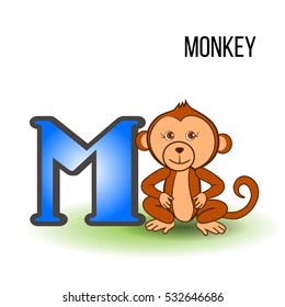 Cute Zoo alphabet M with cartoon monkey, wild kid animal vector funny illustration isolated on background, Education for children, preschool, ABC poster for learn to read, character design, mascot