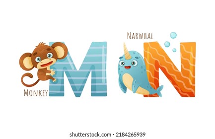 Cute zoo alphabet. M,N letters and monkey, narwhal animals cartoon vector illustration