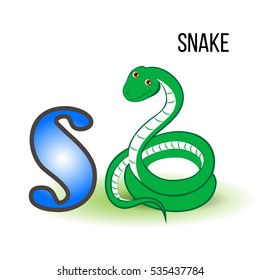 Cute Zoo alphabet S with cartoon snake, kid wild animal vector funny illustration isolated on background, Education for children, preschool, ABC poster for learn to read, character design, mascot