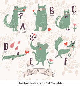 Cute zoo alphabet in vector. A, b, c, d, e, f letters. Funny animals in love. Alligator, bear, cat, dog, elephant, fox.