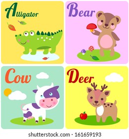 Cute zoo alphabet in vector. A, b, c, d letters. Funny animals for ABC book. Alligator, bear, cow and dear.