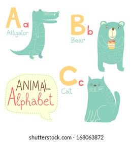 Cute zoo alphabet in vector. A, b, c letters. Funny animals. Alligator, bear, cat. Vector illustration for children's education.