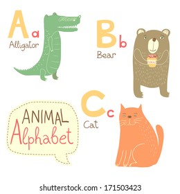 Cute zoo alphabet in vector. A, b, c letters. Funny animals. Alligator, bear, cat. Vector illustration for children's education.