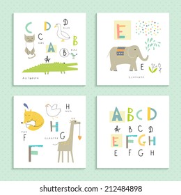 Cute zoo alphabet in vector . A, B, C, D, E, F, G, H letters. Four funny cards with animals.