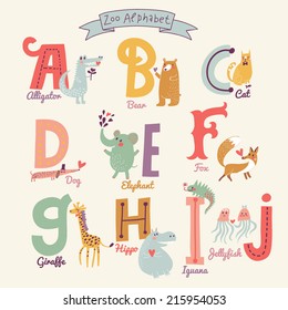 Cute zoo alphabet in vector. A, b, c, d, e, f, g, h, i, j letters. Funny cartoon animals. Alligator, bear, cat, dog, elephant, fox, giraffe,  hippo, iguana, jellyfish in bright colors