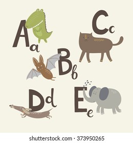 Cute zoo alphabet in vector. A, b, c, d,e letters. Funny animals. Alligator, cat, Dachshund, elephant and bat.