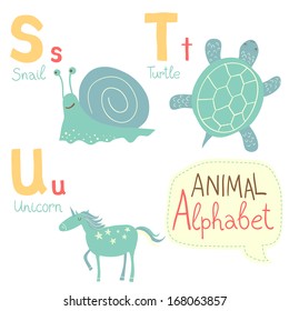 Cute zoo alphabet in vector with animals. S, t, u letters. Funny animals. Snail, turtle, unicorn. Vector illustration for children's education.