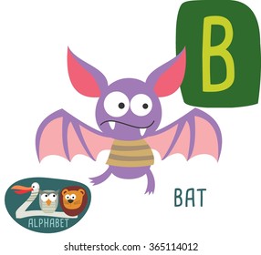 Cute zoo alphabet in vector. B Letter for Bat Funny cartoon animals. Alphabet design in a colorful style. 