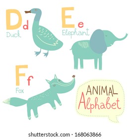 Cute zoo alphabet in vector. D, e, f letters. Funny animals. Duck, elephant, fox. Vector illustration for children's education.
