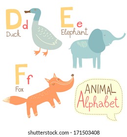 Cute zoo alphabet in vector. D, e, f letters. Funny animals. Duck, elephant, fox. Vector illustration for children's education.